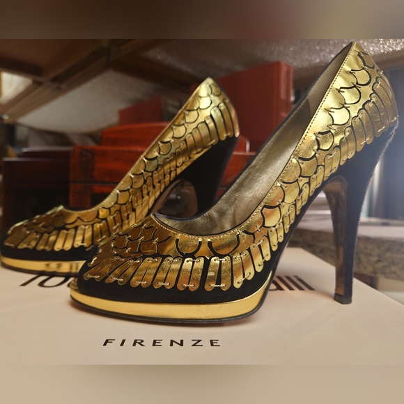 Showstopping Gold Black Suede ROBERTO CAVALLI Peeptoe Metallic Stiletto Pump 39 - Picture 5 of 10